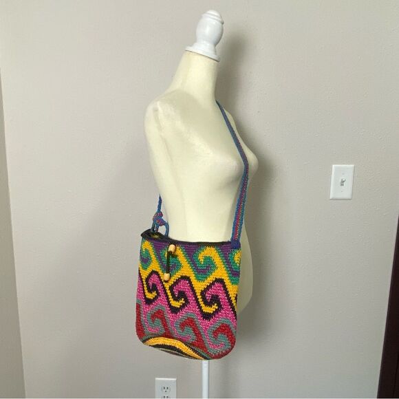Women's Boho Artisanal Colorful Crochet/Knit Crossbody Bag W/ Drawstring Closure - Picture 5 of 15